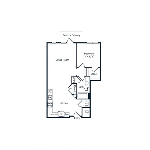 Floor plan for 1 bed, 1 bath, 739 sqft